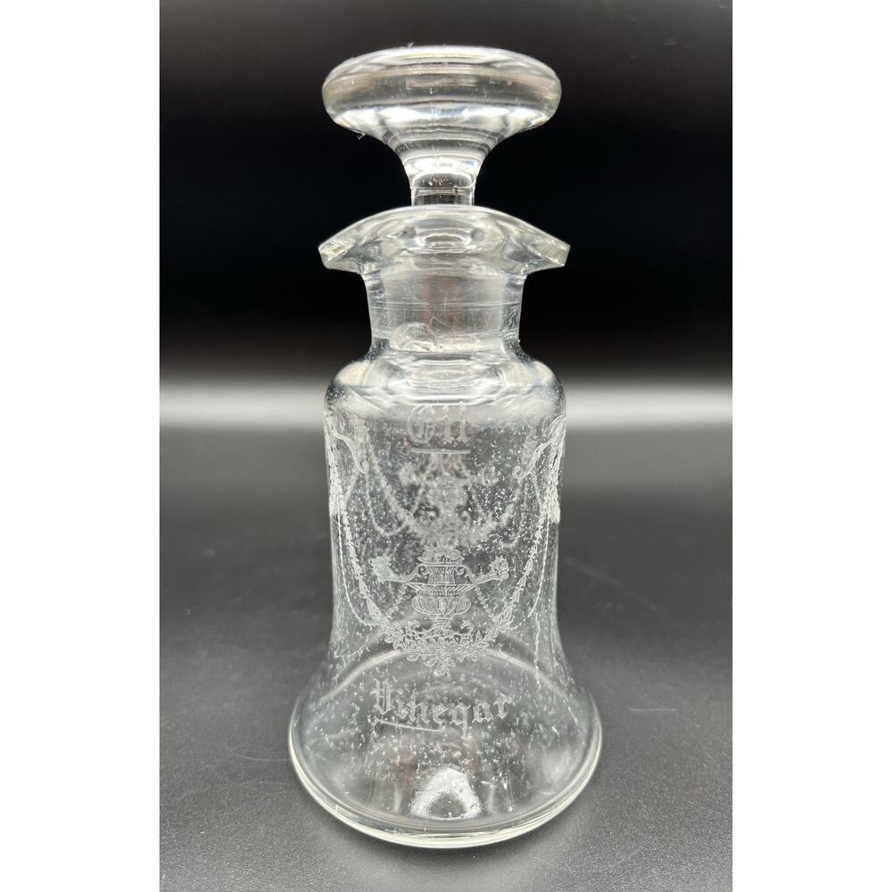 Antique Etched Clear Glass Oil & Vinegar Cruet Bottle w Stopper 6.25” Tall